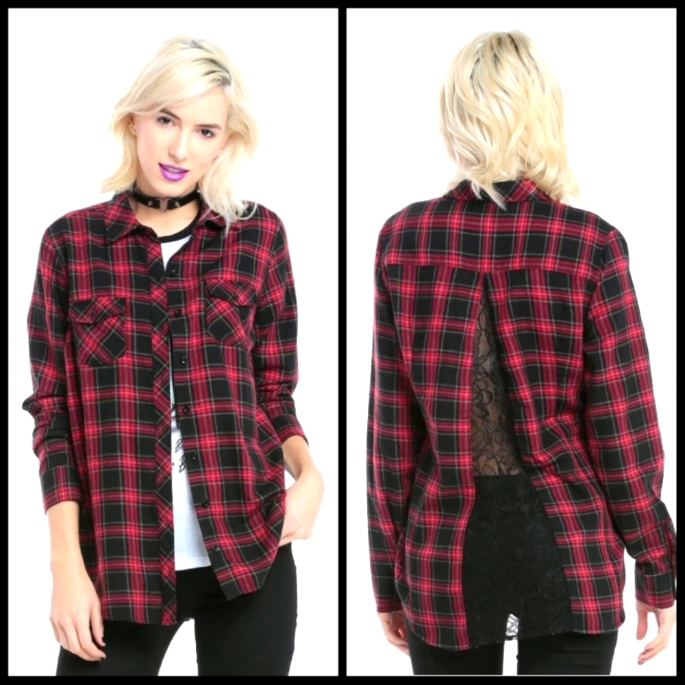 Hot Topic XXL Red & Black Plaid Button Up Shirt Lace Split Back Long Sleeve